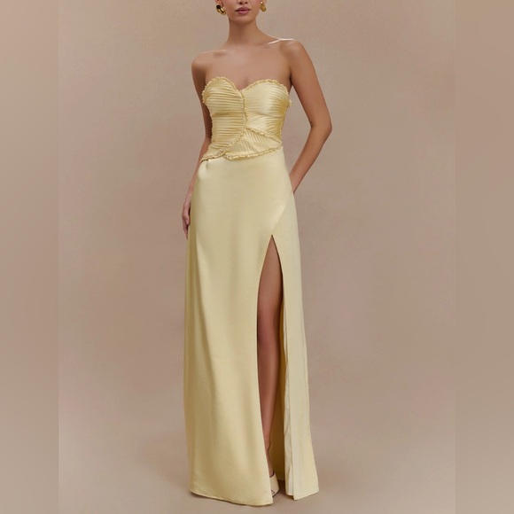 Meshki Dresses & Skirts - Meshki Larissa Satin Maxi Dress with Ruched Petals- Lemon Yellow
